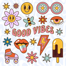 Cartoon 70s Vibe Groovy Elements, Cute Funny Hippy Stickers. Set Of Vector Hippie Retro Stickers With Daisy Flowers, Lips, Ice Cream. Isolated Positive Symbols Or Badges In Vintage Style.