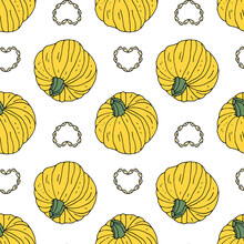 Seamless Pattern With Hand Drawn Yellow Pumpkins. White Background. Autumn Digital Paper.