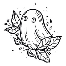 Hand Drawn Line Art Illustration. Detailed Outline Drawings. Templates For Coloring Books, Tattoos, Stickers, Prints. Trendy Black And White Vector Illustration With Cute Ghost, Leaves.