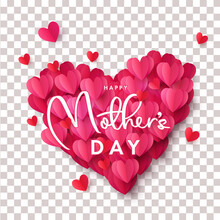 Happy Mothers Day Greeting Banner With Big Heart Made Of Pink And Red Origami Hearts Isolated On Transparent Background. Design Template For Card, Sticker, Poster, Tag, Label, Social Media
