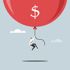 Conceptual illustration of a businessman flying high with a inflated balloon