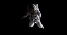 Full Portrait Of Caucasian Female Astronaut During Spacewalk, Black Deep Space Background