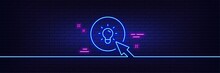 Neon Light Glow Effect. Idea Lamp Line Icon. Mouse Cursor Sign. Light Bulb Symbol. 3d Line Neon Glow Icon. Brick Wall Banner. Energy Outline. Vector