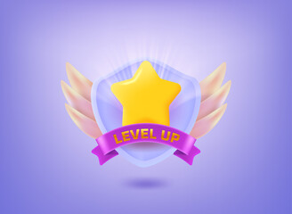 Poster - Level up concept. Rating badge 3d vector illustration with golden star, ribbon and shield