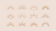 Sun rays line design elements. Vector linear icons in minimal boho style. Half circle shapes logos. Sunset or sunrise symbols set.