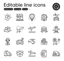 Set Of Transportation Outline Icons. Contains Icons As Open Box, Shipping Support And Inventory Elements. Helicopter, Gift, Lighthouse Web Signs. Parking, Flight Sale, Car Service Elements. Vector