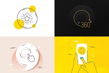 Minimal set of Twinkle star, 360 degrees and Manual line icons. Phone screen, Quote banners. Smile icons. For web development. Best ranking, Panoramic view, Read file. Positive feedback. Vector