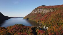Beautiful Aerial Drone Footage Of The Fall Leaves On And Around Mount Hor, Mount Pisgah, And Lake Willoughby During Peak Autumn Foliage At Willoughby State Forest In Westmore, Vermont. NEK