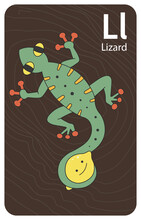 Lizard L Letter. A-Z Alphabet Collection With Cute Cartoon Animals In 2D. Green Lizard Crawling With Tail Holding A Lemon. View From Above. Hand-drawn Funny Simple Style.