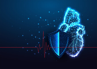 Wall Mural - Futuristic heart protection, cardiology concept banner with glowing anatomical heart and shield