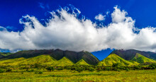 Low Clouds Over Mountain Peaks And Rural Landscape, Maui, Hawaii, USA