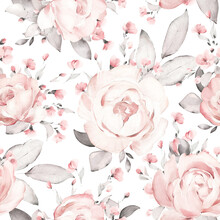 Seamless Floral Watercolor Pattern With Garden Pink Flowers Roses, Peonies, Leaves, Branches. Botanic Tile, Background.