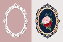 Lace Oval Frame Cut Template, Vintage Background With Rose Flower In An Openwork Frame, Vector.