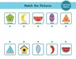 Match the shapes with objects. Puzzle activity page for kids. Learning shapes matching game for preschool. Vector illustration