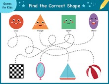 Find The Correct Shape. Maze Game For Kids. Learning Shapes Activity Page For Preschool. Puzzle Template For Handwriting Practice. Vector Illustration