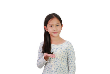 Wall Mural - Beautiful Asian young girl kid with hand holding long black hair and looking at camera isolated on white background.