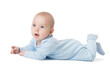 © inarik - Cute Baby lying on Stomach over White Background in Cotton Babies Bodysuit. Infant four month Child in Blue Onesies Clothes crawling looking a Side. Boy in Pajama isolated