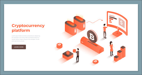 Wall Mural - modern tiny people monitoring virtual money market at cryptocurrency platform isometric landing page