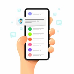 Wall Mural - Smartphone mockup in human hand. Chat communications. Messaging. Vector colorful social media illustration. Instagram, Whatsapp, Skype