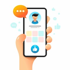 Wall Mural - Smartphone mockup in human hand. Profile page with Like button. Vector colorful social media illustration. Instagram, Whatsapp, Skype
