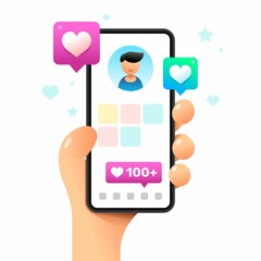 Wall Mural - Smartphone mockup in human hand. Profile screen with a lot of likes. Vector colorful social media illustration. Instagram, Whatsapp, Skype