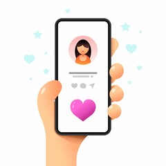 Wall Mural - Smartphone mockup in human hand. Profile screen. Perfect love match. Vector colorful social media illustration. Instagram, Whatsapp, Skype