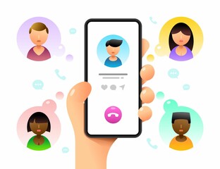 Wall Mural - Smartphone mockup in human hand. Conference call. Calls to a lot of contatcs. Vector colorful social media illustration. Instagram, Whatsapp, Skype