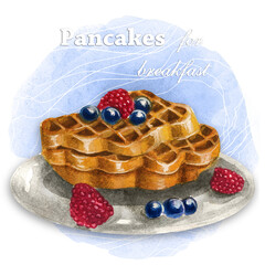 Pancakes with berries watercolor drawing of raspberries and blueberries. Airy dessert for breakfast and celebration