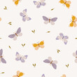 Seamless pattern of different butterfly with leaves. Hand-drawn vector insects, isolated on beige background. Spring season concept, Easter, nature.