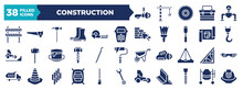 Set Of Glyph Construction Icons. Editable Filled Icons Such As Angle Grinder, Barrier, Welding, Hook With Cargo, Crowbar, Joist, Cement, Wedge Tool Vector Illustration.
