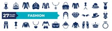 Set Of Glyph Fashion Icons. Editable Filled Icons Such As Summer Dress, General Helmet, Purses, Fedora, Diamond, Swimwear, Sweater With Hood, Samurai Japanese Hat Vector Illustration.