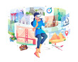 A young woman wearing VR glasses doing a game simulation of traveling around the world through virtual reality. Virtual travel for entertainment and education. Flat vector illustration