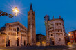 Piazza Duomo square in the historic center of Parma, Italy, in twilight light