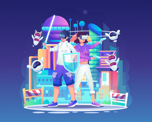 Wall Mural - A male and female character wearing VR headsets playing game combat against robots in a virtual simulation of a futuristic city from the future. Flat vector illustration