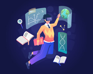 Wall Mural - A male student is studying with wearing a VR Headset. Virtual Reality technology for Education and Online Learning concept. Flat style vector illustration