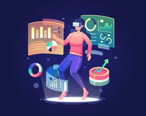 Wall Mural - a woman wearing a virtual reality headset interacts with data graph charts and analysis screen dashb