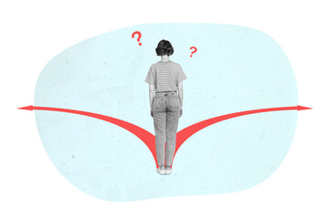Abstract sketch of confused lady stand red arrows have no idea what direction choose isolated pastel color background