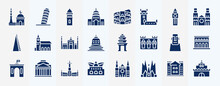 Set Of Glyph Monuments Icons. Editable Filled Icons Such As Qutb Minar In New Delhi, United States Capitol, Clock Tower, Tower Of Nevyansk In Russia, Cambodia, Segovia Aqueduct, Retiro Park, Church