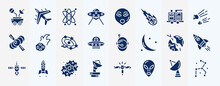 Set Of Glyph Astronomy Icons. Editable Filled Icons Such As Moonwalker, Ufo And Cow, Generator, Meteorites, Astronaut User, Rocket Start, Nebula, Little Extraterrestial Vector Collection.