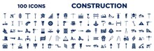 Set Of 100 Glyph Construction Icons. Editable Filled Icons Such As Brick Hammer, Tool Box, Angle Grinder, Sledge Hammer, Beam, Rubber Boots, Toolbox, Scratcher Tool, Crane Truck Vector Illustration.