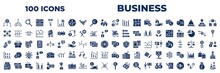Set Of 100 Glyph Business Icons. Editable Filled Icons Such As Dollar On Top Of Financial Hierarchy, Dollar Euro Money Exchange, Item Interconnections, Horizontal Bar Chart, Woman With Dollar
