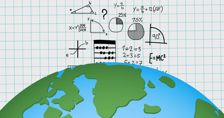 Image of globe over mathematical equations in school notebook
