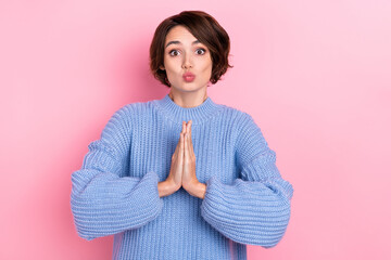 Canvas Print - Photo of good looking positive female asking boyfriend need help pouting lips isolated on pink color background