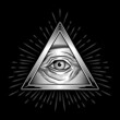 Eye of providence. Vector illustration of golden triangle pyramid with eye in engraving technique.