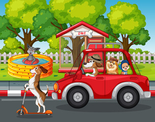 Canvas Print - Dogs driving a car and dog playing scooter on park background