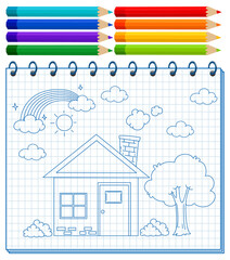 Poster - A notebook with a doodle sketch design and colour pencils