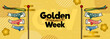 Golden week Banner vector illustration. Koinobori Carp streamers on gold elements background. Japanese translate: 