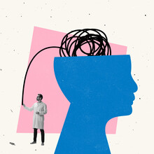Contemporary Art Collage. Man, Doctor, Scientist Standing Near Giant Human Head, Working With Mental Issues