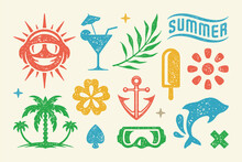 Summer Symbols And Objects Set Vector Illustration. Triple Palm Tree On Island With Flower And Old Anchor