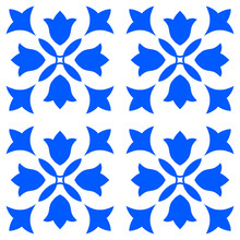 Maiolica, Vietri, Spain, Sicilian, Italian, Mediterranean Traditional Seamless Pattern. Ceramics Majolica Tile Ornament. Blue White Tile Repeat Print.